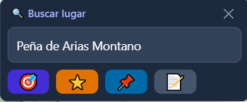 Panel de buscar lugar con la Peña de Arias Montano escrita y los botones de GPS, favoritos, marcador y texto